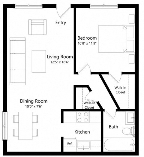 Floor plan for 1 bed, 1 bath, 645 sqft